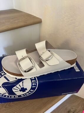 Birkenstock White Two-Strap Slide Sandal with Silver Buckles